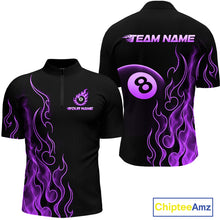 Load image into Gallery viewer, Front and back billiards quarter zip shirt featuring an eight ball design surrounded by flowing purple flame graphics on a black background.