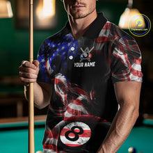 Load image into Gallery viewer, Men wearing personalized billiards polo shirt with an eight ball design connected by american flag smoke patterns across a black layout.