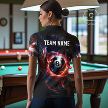 Load image into Gallery viewer, Women wearing personalized billiards polo shirt with an eight ball design connected by american flag smoke patterns across a black layout.