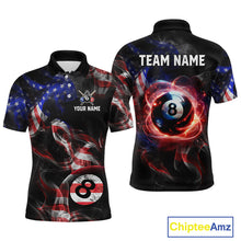 Load image into Gallery viewer, Front and back view personalized billiards polo shirt with an eight ball design connected by american flag smoke patterns across a black layout.