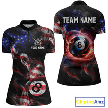 Load image into Gallery viewer, Front and back view personalized billiards quarter zip shirt with an eight ball design connected by american flag smoke patterns across a black layout.