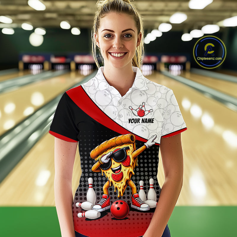 Custom Funny Pizza Bowling Team Shirts Bowling Jersey for Women Bowling League Polo & 1/4 Zip HNT470