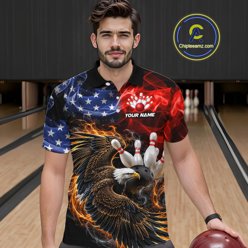 Custom Smoke US Flag Eagle Bowling Jersey for Men Bowling Team Shirts Bowling League Polo & 1/4 Zip HNT472