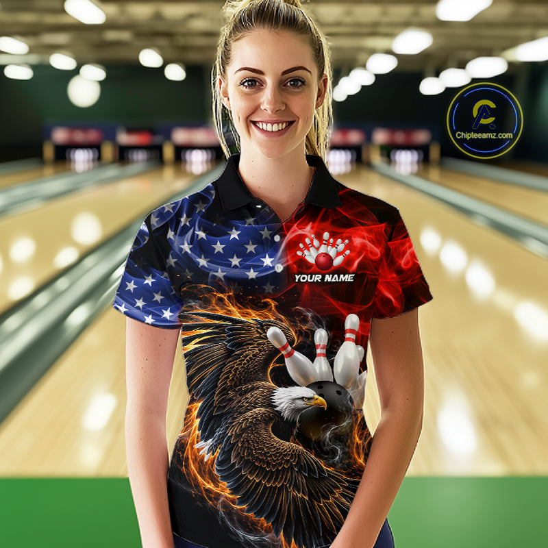 Custom Smoke US Flag Eagle Bowling Jersey for Women Bowling Team Shirts Bowling League Polo & 1/4 Zip HNT472
