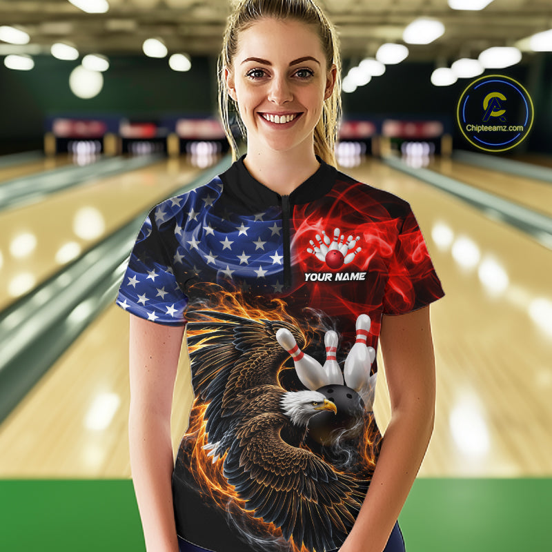 Custom Smoke US Flag Eagle Bowling Jersey for Women Bowling Team Shirts Bowling League Polo & 1/4 Zip HNT472