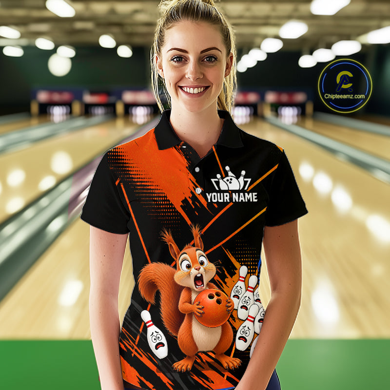 Custom Orange Squirrel Bowling Jersey for Women Bowling Team Shirts Bowling Polo & 1/4 Zip HNT301