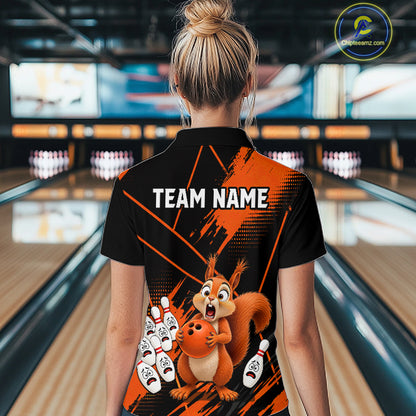 Custom Orange Squirrel Bowling Jersey for Women Bowling Team Shirts Bowling Polo & 1/4 Zip HNT301