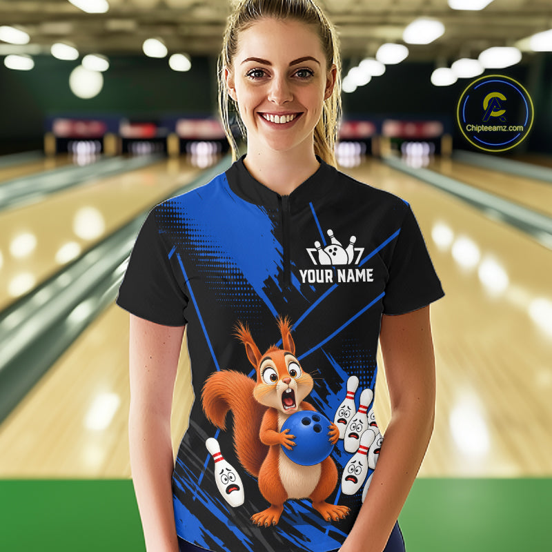 Custom Blue Squirrel Bowling Jersey for Women Bowling Team Shirts Bowling Polo & 1/4 Zip HNT301