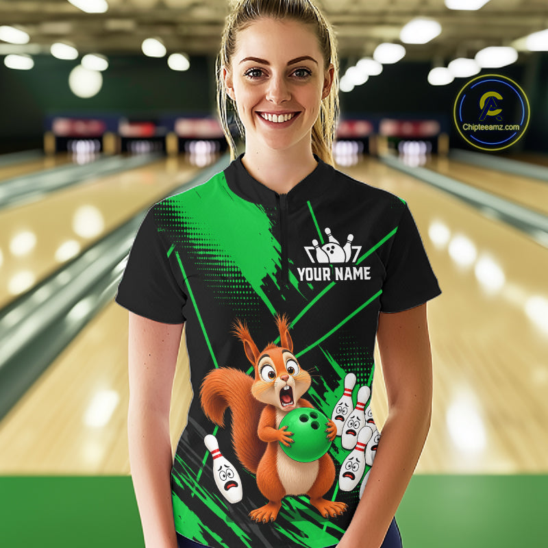 Custom Green Squirrel Bowling Jersey for Women Bowling Team Shirts Bowling Polo & 1/4 Zip HNT301