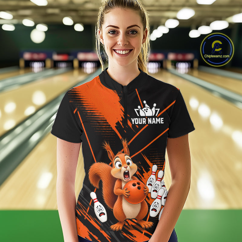 Custom Orange Squirrel Bowling Jersey for Women Bowling Team Shirts Bowling Polo & 1/4 Zip HNT301