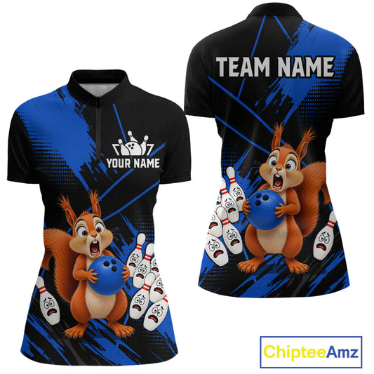 Custom Blue Squirrel Bowling Jersey for Women Bowling Team Shirts Bowling Polo & 1/4 Zip HNT301