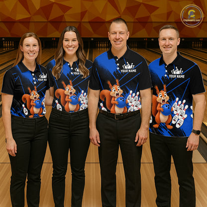 Custom Blue Squirrel Bowling Jersey for Men Bowling Team Shirts Bowling Polo & 1/4 Zip HNT301