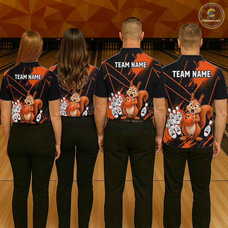 Custom Orange Squirrel Bowling Jersey for Women Bowling Team Shirts Bowling Polo & 1/4 Zip HNT301