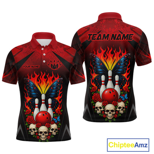 Front and back views of a red and black bowling polo shirt featuring flaming bowling pins, a red bowling ball, a blue butterfly, roses, skulls, and custom team and player name text.