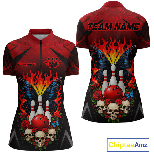 Front and back views of a red and black bowling quarter zip shirt featuring flaming bowling pins, a red bowling ball, a blue butterfly, roses, skulls, and custom team and player name text.