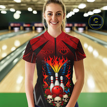 Load image into Gallery viewer, Woman wearing a red and black bowling quarter zip shirt featuring flaming bowling pins, a red bowling ball, a blue butterfly, roses, skulls, and custom player name text.