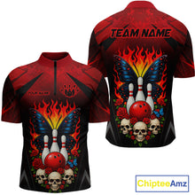 Load image into Gallery viewer, Front and back views of a red and black bowling quarter zip shirt featuring flaming bowling pins, a red bowling ball, a blue butterfly, roses, skulls, and custom team and player name text.