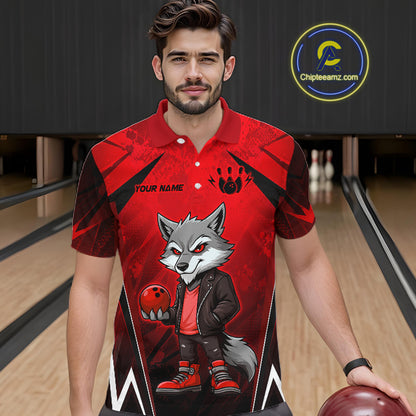 Man wearing a red and black bowling polo shirt featuring a gray wolf mascot holding a red bowling ball, with custom player name text.