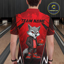 Load image into Gallery viewer, Man wearing a red and black bowling quarter zip shirt featuring a gray wolf mascot holding a red bowling ball, with custom team name text.