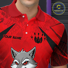 Load image into Gallery viewer, Red polo shirt with graphic designs and text on a dark background