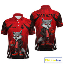 Load image into Gallery viewer, Front and back views of a red and black bowling polo shirt featuring a gray wolf mascot holding a red bowling ball, with custom team and player name text.