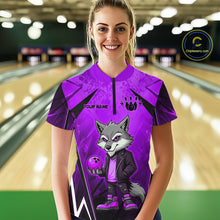 Load image into Gallery viewer, Woman wearing a purple and black bowling quarter zip shirt featuring a gray wolf mascot holding a purple bowling ball, with custom player name text.