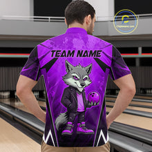 Load image into Gallery viewer, Man wearing a purple and black bowling quarter zip shirt featuring a gray wolf mascot holding a purple bowling ball, with custom team name text.