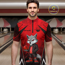 Load image into Gallery viewer, Man wearing a red and black bowling quarter zip shirt featuring a gray wolf mascot holding a red bowling ball, with custom player name text.