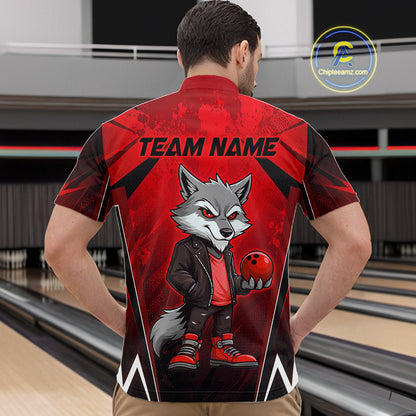 Man wearing a red and black bowling polo shirt featuring a gray wolf mascot holding a red bowling ball, with custom team name text.