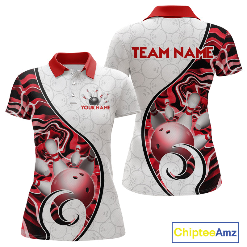Custom Red Liquid Swirl Bowling Jersey for Women Bowling Team Shirts Bowling League Polo & 1/4 Zip HNT471