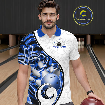Custom Blue Liquid Swirl Bowling Jersey for Men Bowling Team Shirts Bowling League Polo & 1/4 Zip HNT471