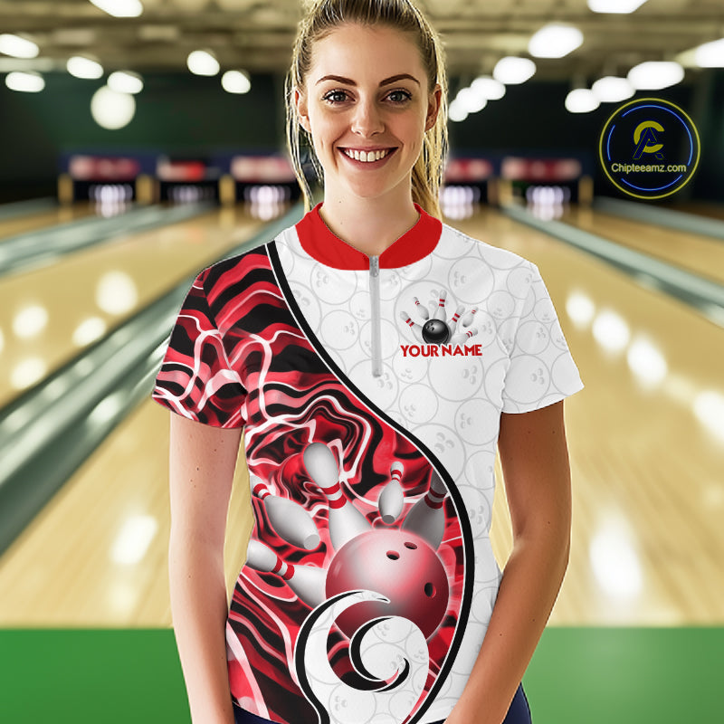 Custom Red Liquid Swirl Bowling Jersey for Women Bowling Team Shirts Bowling League Polo & 1/4 Zip HNT471