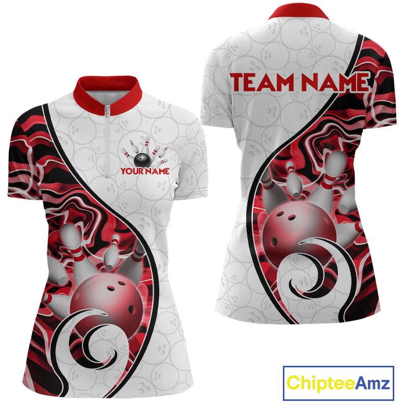 Custom Red Liquid Swirl Bowling Jersey for Women Bowling Team Shirts Bowling League Polo & 1/4 Zip HNT471