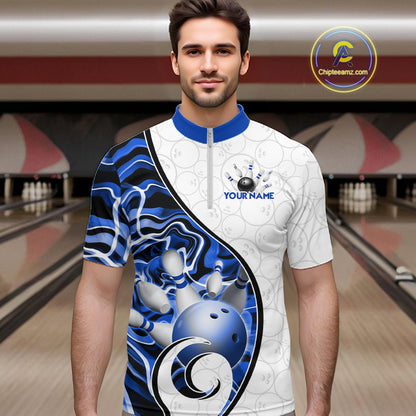Custom Blue Liquid Swirl Bowling Jersey for Men Bowling Team Shirts Bowling League Polo & 1/4 Zip HNT471