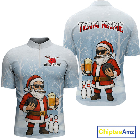 Funny Beer Santa Christmas Custom Bowling Jersey for Men Bowling Team Shirts Polo & 1/4 Zip HNT141