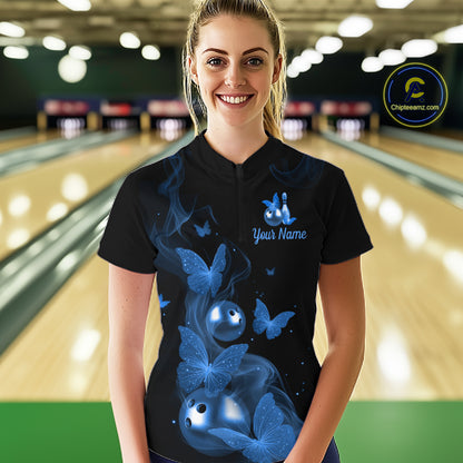 Custom Blue Butterfly Galaxy Bowling Jersey for Women Bowling Team Shirts Bowling League HNT310