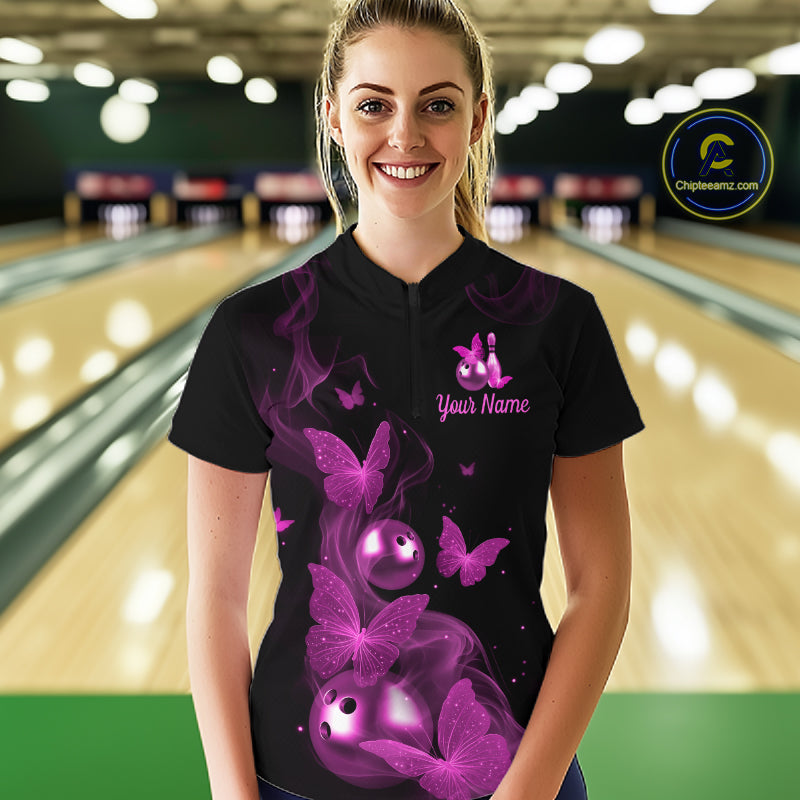 Custom Pink Butterfly Galaxy Bowling Jersey for Women Bowling Team Shirts Bowling League HNT310