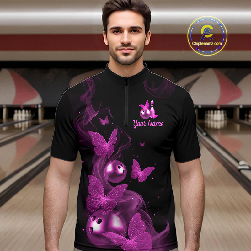 Custom Pink Butterfly Galaxy Bowling Jersey for Men Bowling Team Shirts Bowling League HNT310