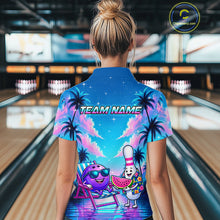 Load image into Gallery viewer, Women wearing personalized bowling quarter zip shirt with bowling characters arranged within a tropical sunset scene with palm trees and ocean details.