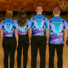 Load image into Gallery viewer, Four pepple wearing personalized bowling quarter zip shirt with bowling characters arranged within a tropical sunset scene with palm trees and ocean details.