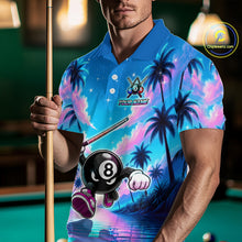 Load image into Gallery viewer, Men wearing personalized billiards polo shirt with an eight ball character moving through a tropical scene with palm trees and sunset reflections.