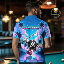 Load image into Gallery viewer, Men wearing personalized billiards polo shirt with an eight ball character moving through a tropical scene with palm trees and sunset reflections.