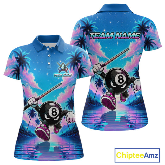 Front and back view personalized billiards polo shirt with an eight ball character moving through a tropical scene with palm trees and sunset reflections.