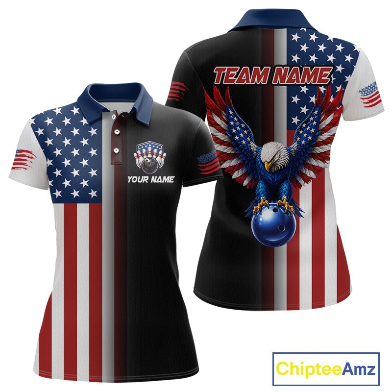 Custom US Flag Eagle Bowling Jersey for Women Bowling Team Shirts Polo & 1/4 Zip Bowling League HNT476