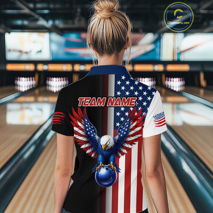Custom US Flag Eagle Bowling Jersey for Women Bowling Team Shirts Polo & 1/4 Zip Bowling League HNT476