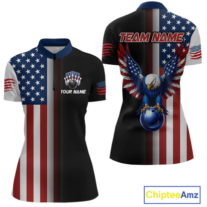 Custom US Flag Eagle Bowling Jersey for Women Bowling Team Shirts Polo & 1/4 Zip Bowling League HNT476