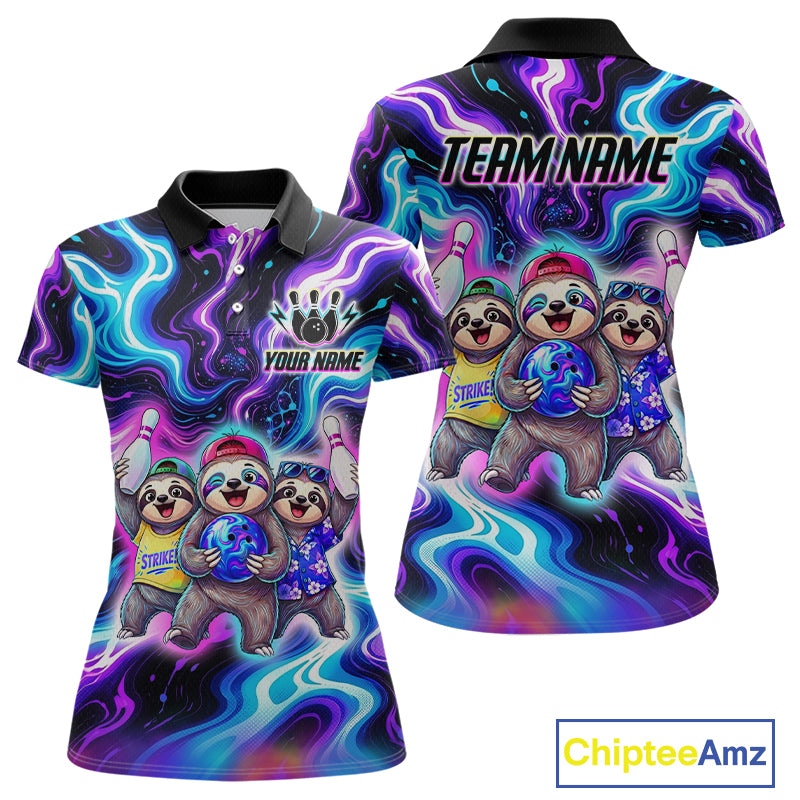 Custom Funny Sloth Bowling Jersey for Women Purple Blue Neon Bowling Team Shirts Bowling League HNT307