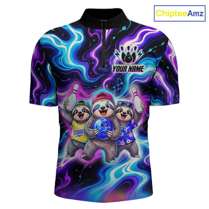 Custom Funny Sloth Bowling Jersey for Men Purple Blue Neon Bowling Team Shirts Bowling League HNT307