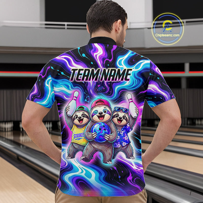 Custom Funny Sloth Bowling Jersey for Men Purple Blue Neon Bowling Team Shirts Bowling League HNT307