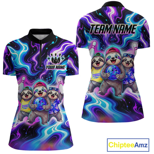 Custom Funny Sloth Bowling Jersey for Women Purple Blue Neon Bowling Team Shirts Bowling League HNT307